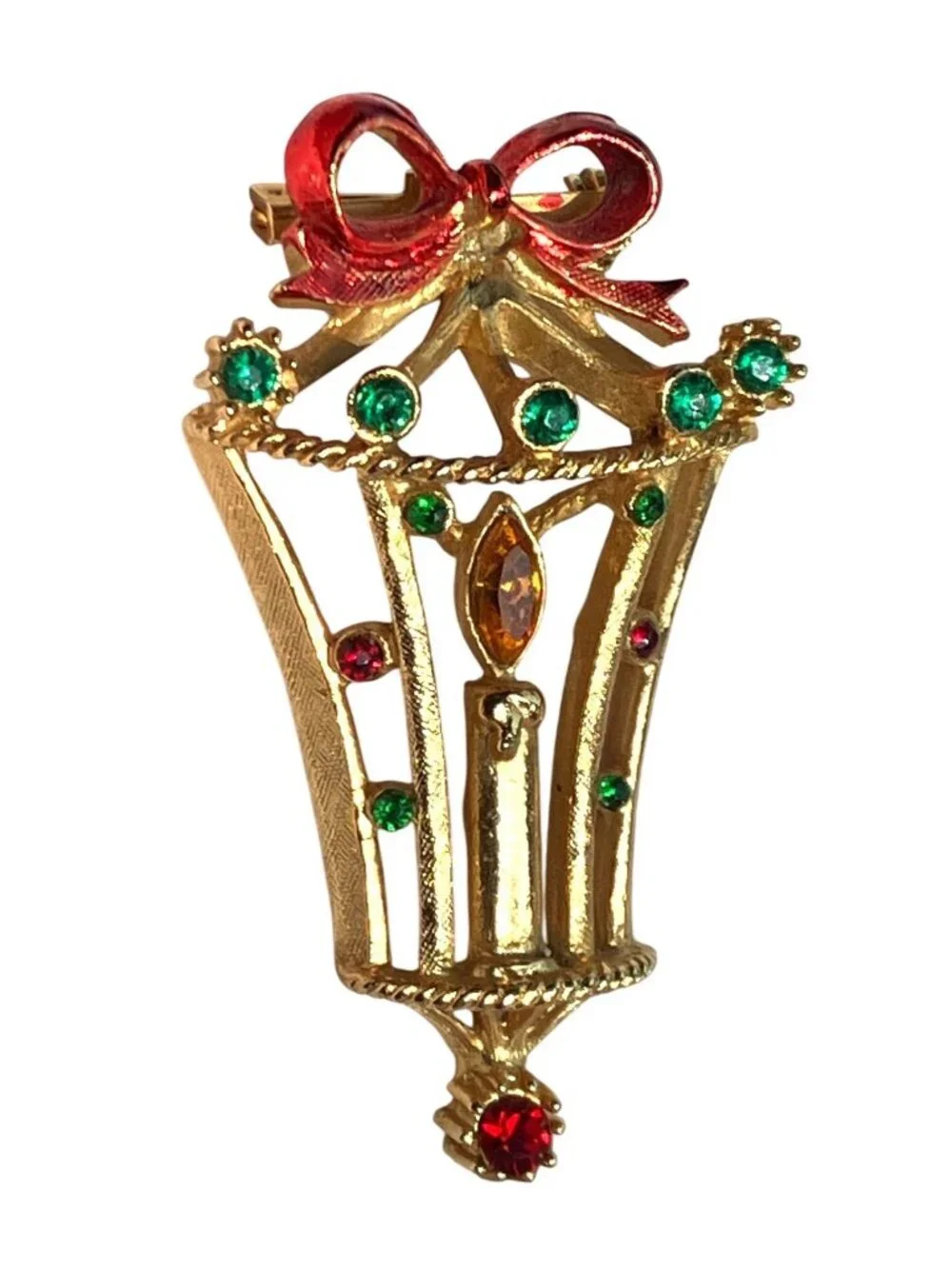 Gold-Tone Christmas Candle Lantern Brooch Pin Signed B.J. Vintage